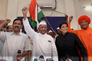 Anna Hazare, with Arvind Kejriwal and Kiran Bedi